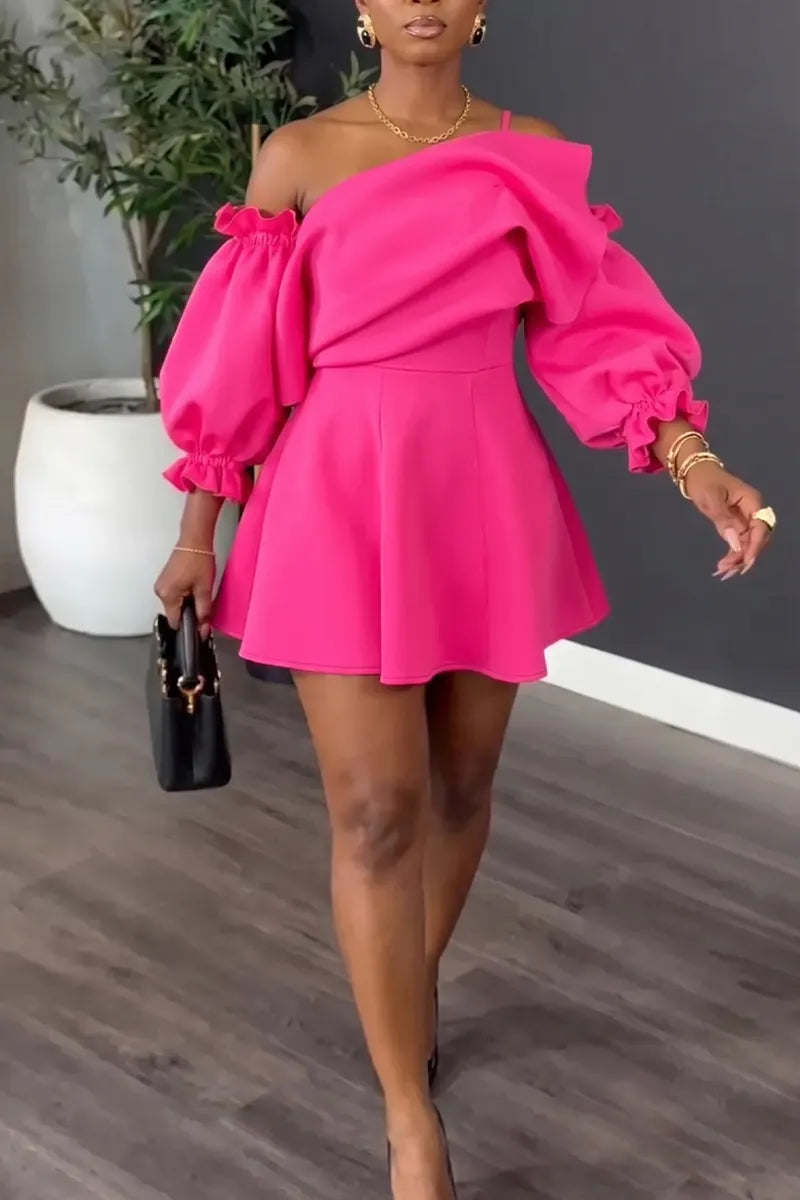 Women's Flounce Off-Shoulder Dress with Long Ruffled Cuffs & A-Line Skirt