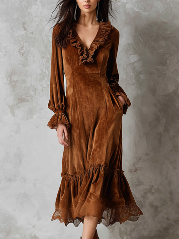 Retro Ruffle Neck Lace Trim Eco-friendly Velvet Midi Dress