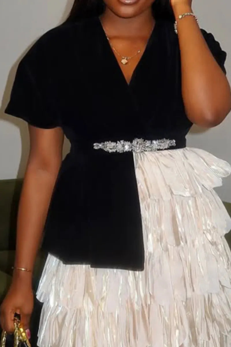 Womens Elegant Temperament V-neck Top or Patchwork Layered Skirt