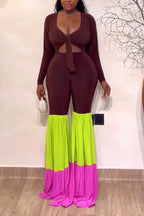 Women Low Neck Patchwork Contrasting Tight Casual Jumpsuit