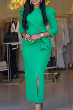 Women Round Neck Patchwork Slim Fit Slit Elegant Temperament Dress