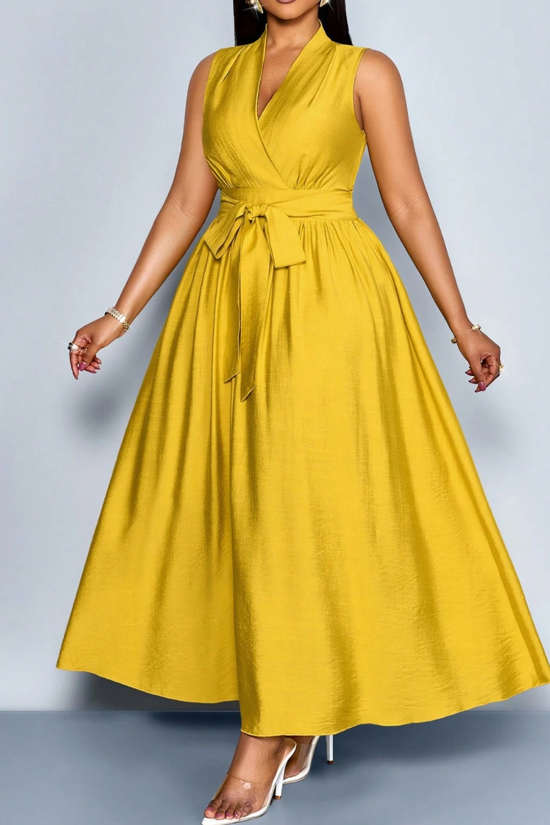 Women's Mustard Yellow Satin V-Neck Waist Tie Maxi Dress