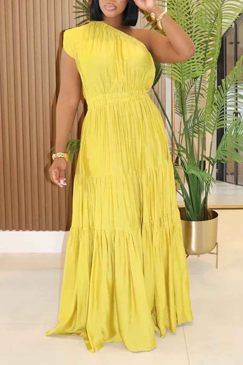 Women's Casual Flowy One Shoulder Tiered Maxi Dress