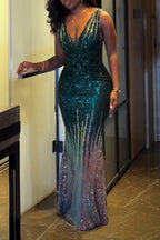 Women Deep V-neck Sequin Elegant Temperament Dinner Party Style Dress