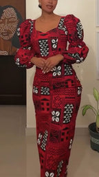 Women Square Neck Long Sleeved Waist Cinched Print Elegant Temperament Dress