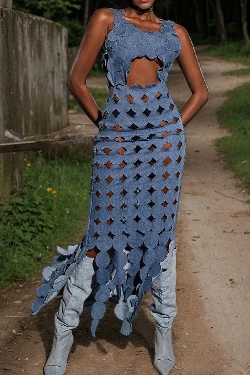 Women's Casual Sleeveless Cutout Patchwork Denim Maxi Dress with Petal Fringe Hem