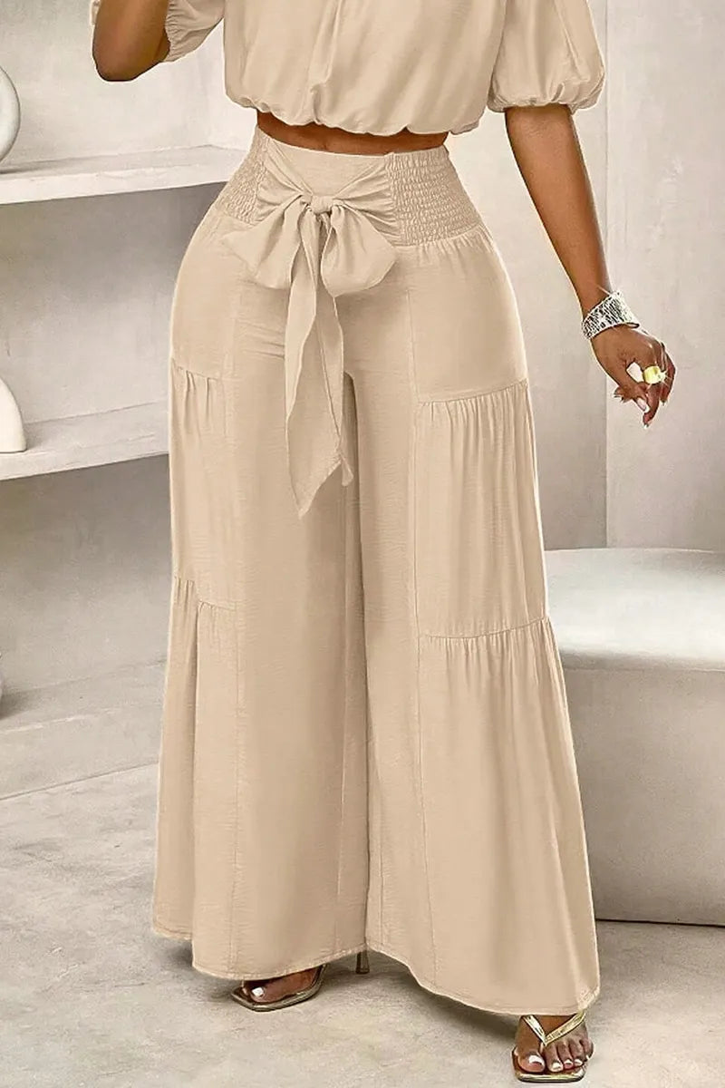 Women's Elastic Off Shoulder Puff Sleeve Loose Crop Blouse Or High Waist Smocked Bow Tie Front Tiered Flowy Wide Leg Pants