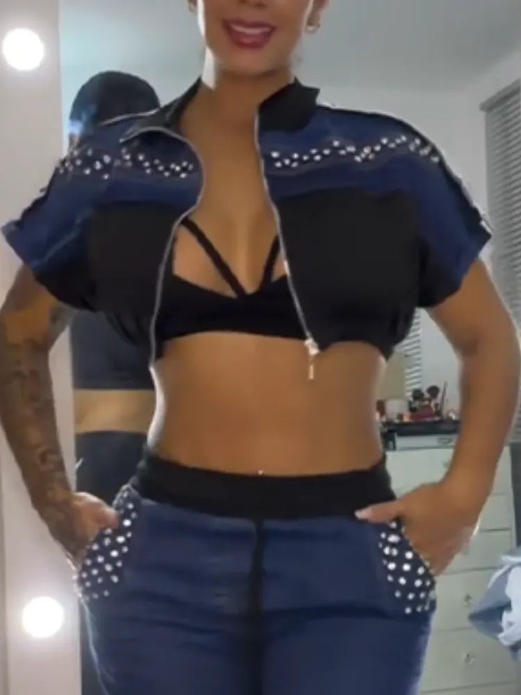 Women Round Neck Hot Pressed Diamond Spliced Top+ Pants Casual Set