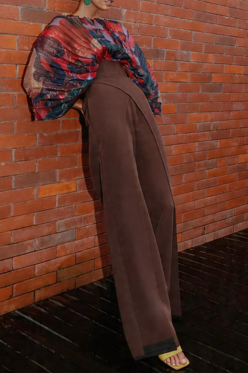 Women's Fashion Pleated Print Bodysuit & High Waist Double Layer Pants