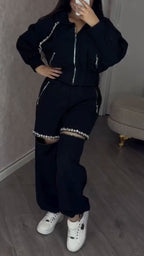 Women Round Neck Jacket+ Spliced Zipper Pants Casual Set