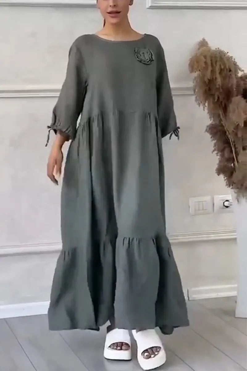 Women's Casual Cotton and Linen Gathered Floral Dress