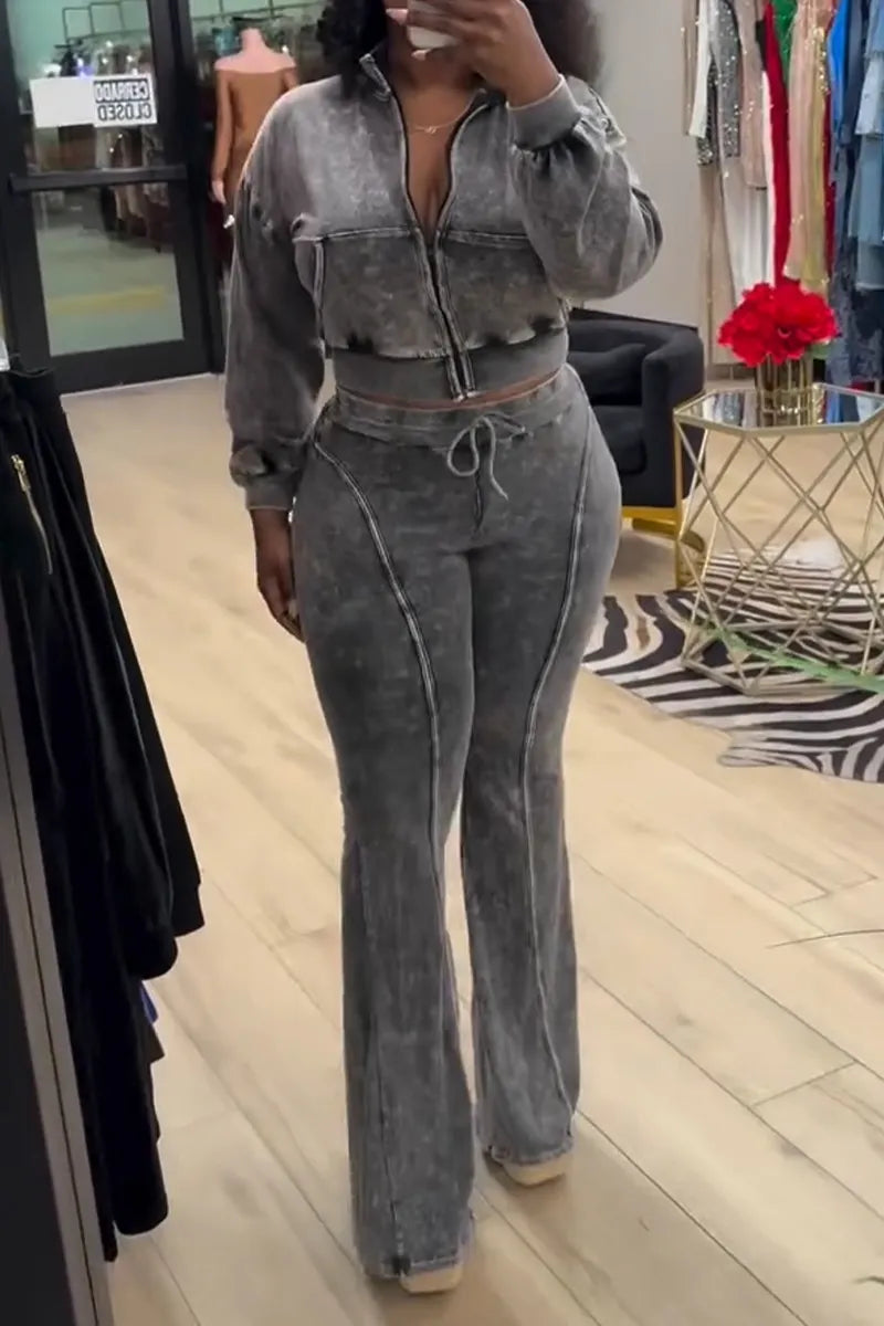 Women's Patchwork Short Jacket + Tight Flared Pants Casual Set