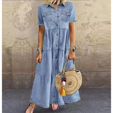 Ladies' Lapel Patchwork Buckle Printed Casual Dress