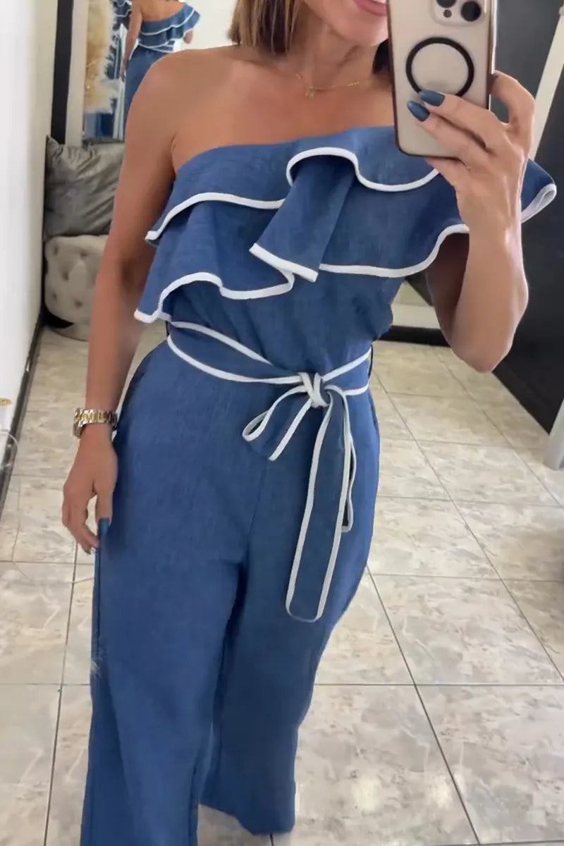 Women's Casual One-Shoulder Flounce Wide Leg Jumpsuit