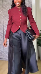 Women Round Neck Breasted Jacket + Satin Wide Leg Pants