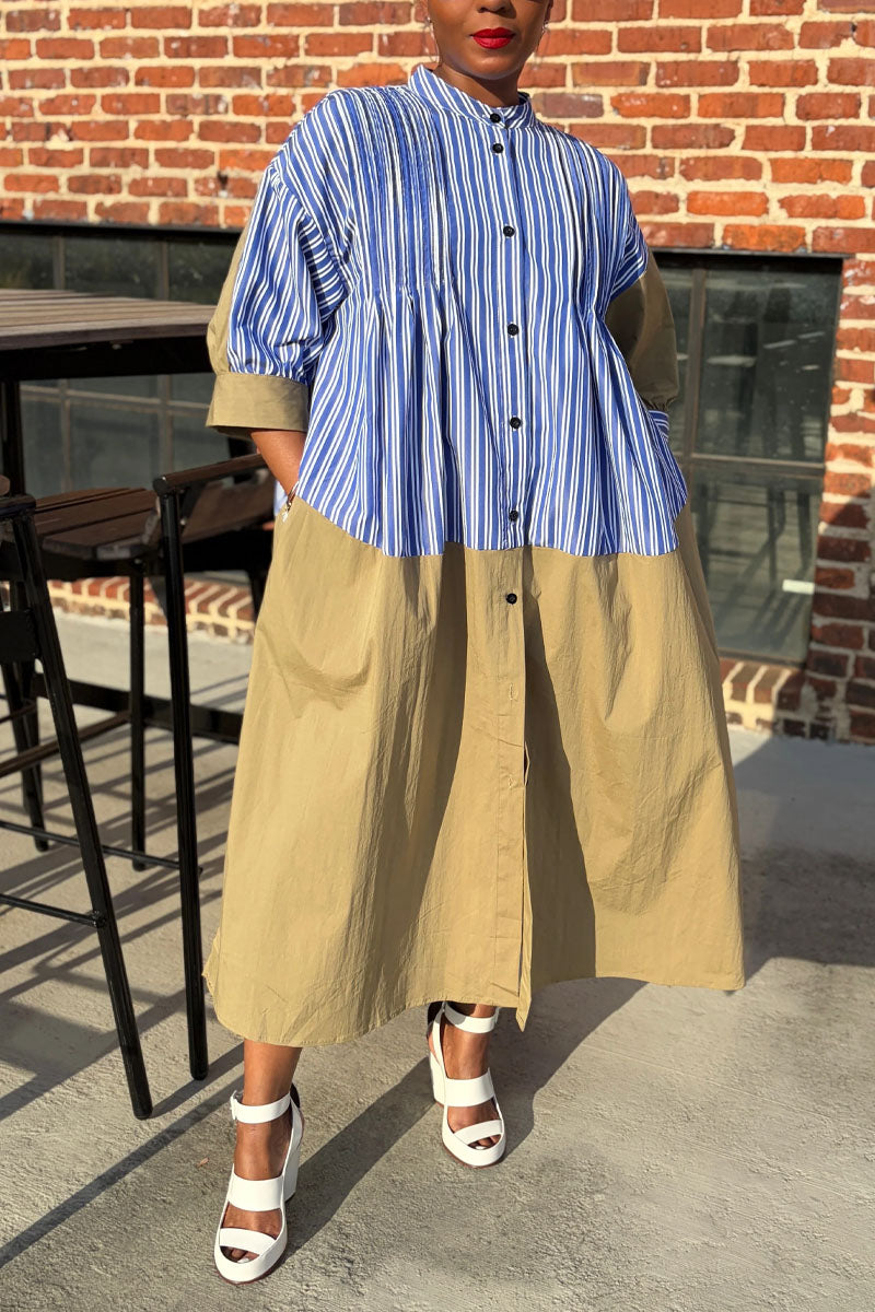 Women's Casual Color Block Striped Button Down Maxi Dress