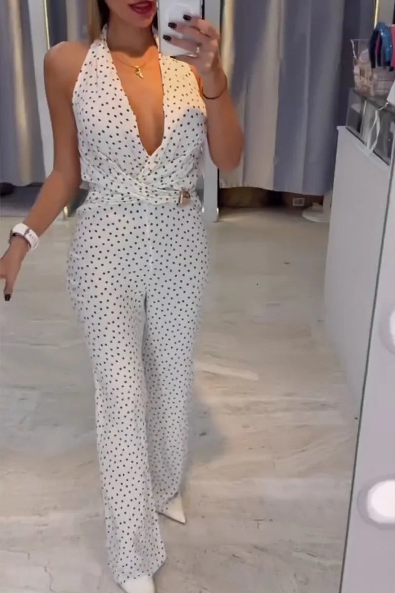 Women's Casual Polka Dot V-Neck Halter Jumpsuit