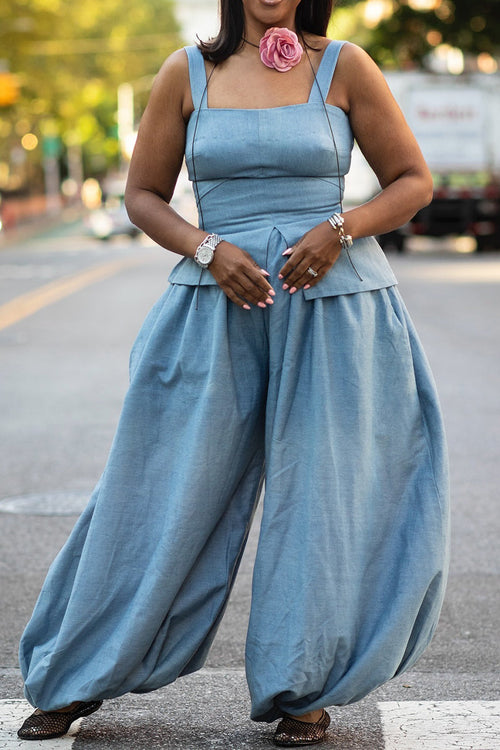 Ladies' Fashionable Casual Denim Vest Top And Denim Wide Leg Pants