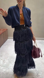 Women Round Neck Jacket + Patchwork Tassel Skirt