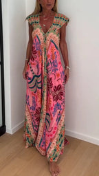 Womens V-neck Printed Loose Casual Dress