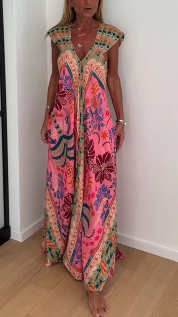 Womens V-neck Printed Loose Casual Dress