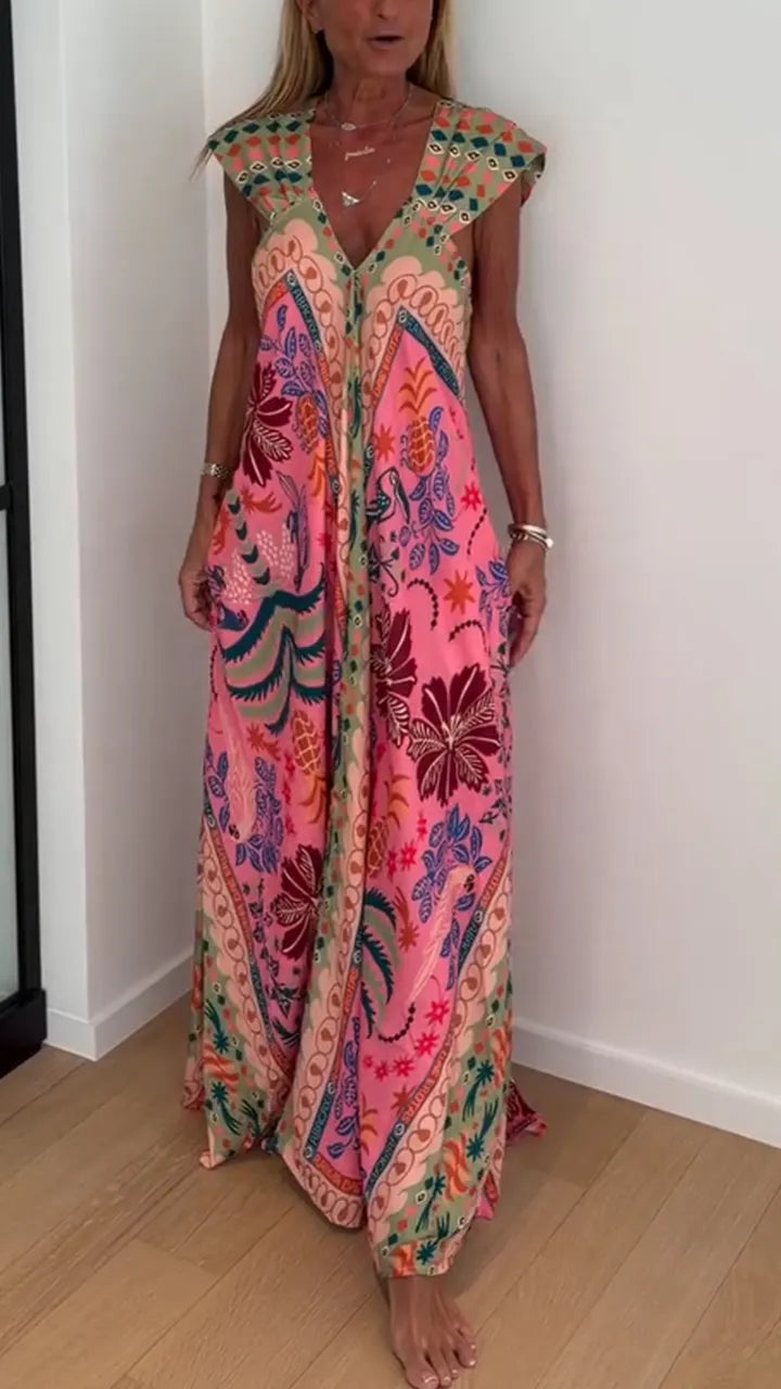 Womens V-neck Printed Loose Casual Dress