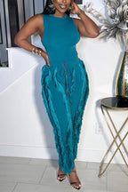Women's  Casual Form-Fitting Teal Jumpsuit with Drawstring Waist and Fringe Detail