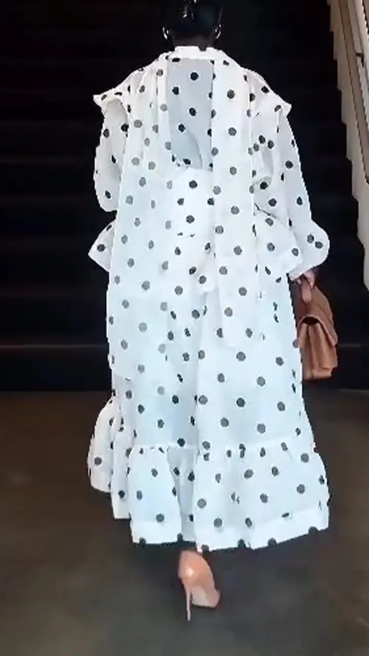 Women Round Neck Polka Dot Top+ Patchwork Skirt Casual Set with Temperament