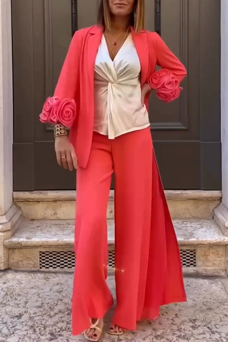 Women's Fashion 3D Floral Cuff Blazer & Slit Pants