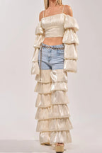 Women's Strappy Tulip Hem Crop Top Or Denim Paneled Tulip Hem Wide Leg Trousers