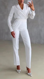 Women V-neck Top + Patchwork Pants Solid Color Temperament Commuting Set