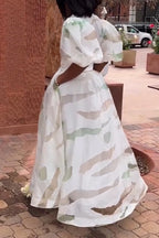 Women's Elegant Print Puff Sleeve Waist-Defined Dress