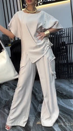 Women's Round Neck Pleated Top+patchwork Pocket Pants Casual Suit