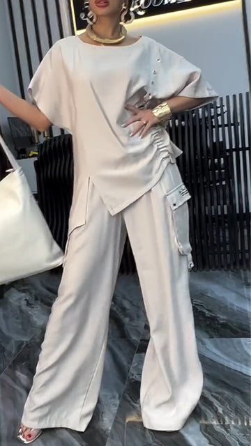 Women's Round Neck Pleated Top+patchwork Pocket Pants Casual Suit