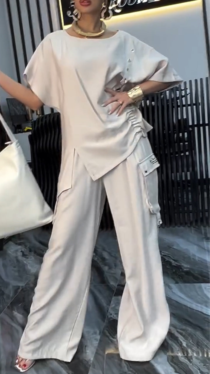 Women's Round Neck Pleated Top+patchwork Pocket Pants Casual Suit