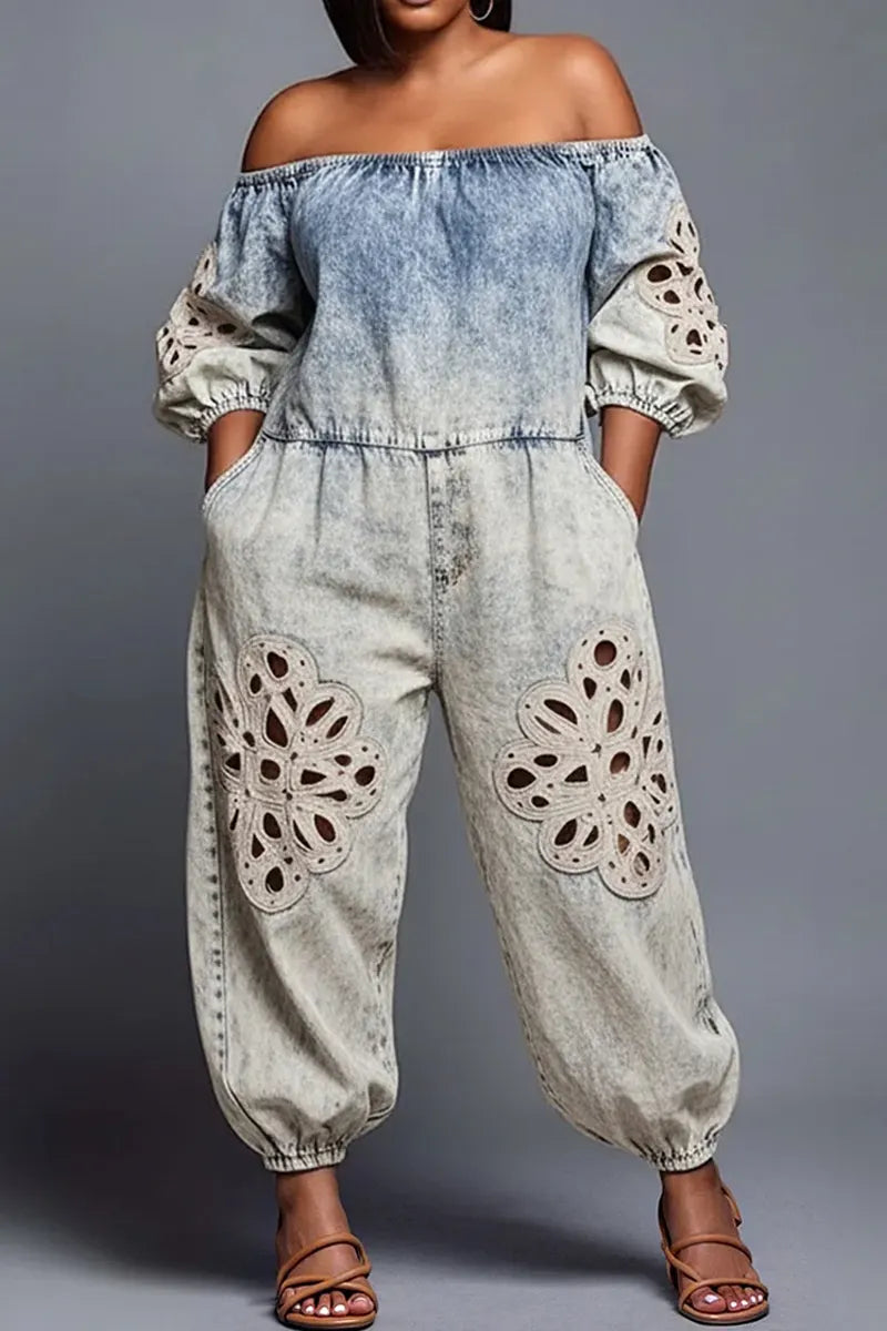 Women's Vacation White Off Shoulder Half Sleeved Hollow Pocket Denim Jumpsuit