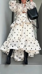 Womens Round Neck Polka Dot Top+ Patchwork Skirt Elegant Temperament Set
