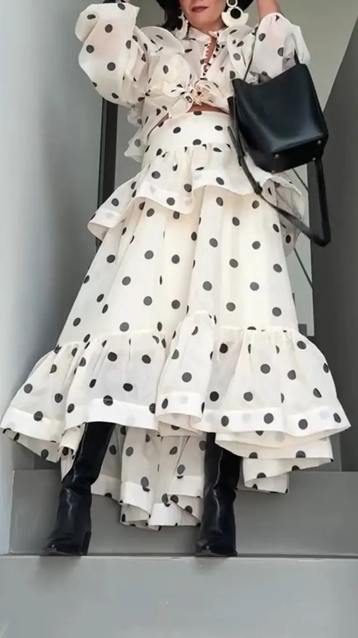 Womens Round Neck Polka Dot Top+ Patchwork Skirt Elegant Temperament Set
