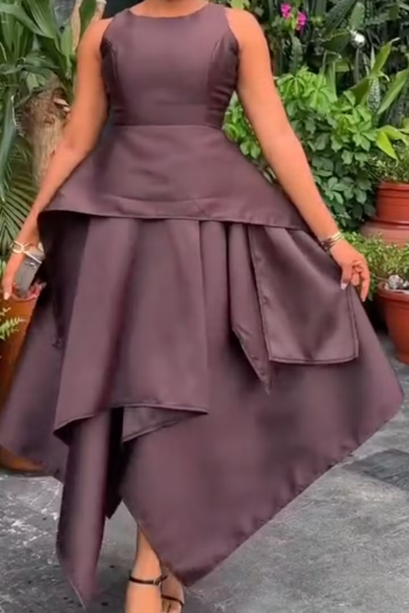 Women's Elegant Satin Peplum Waist Asymmetric Layered Maxi Dress
