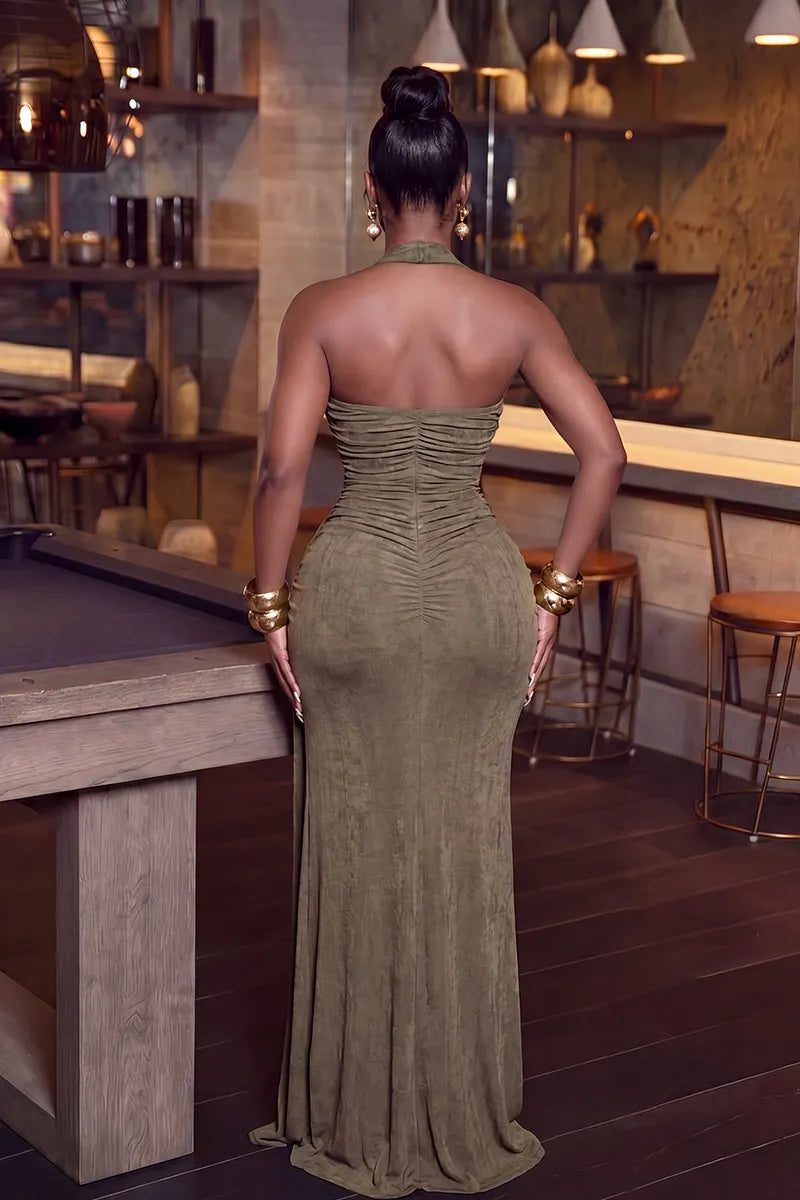 Women's Olive Green Halter Cutout Maxi Dress with Gold Hardware Detail