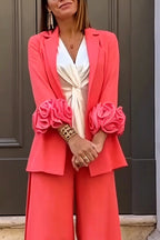 Women's Fashion 3D Floral Cuff Blazer & Slit Pants