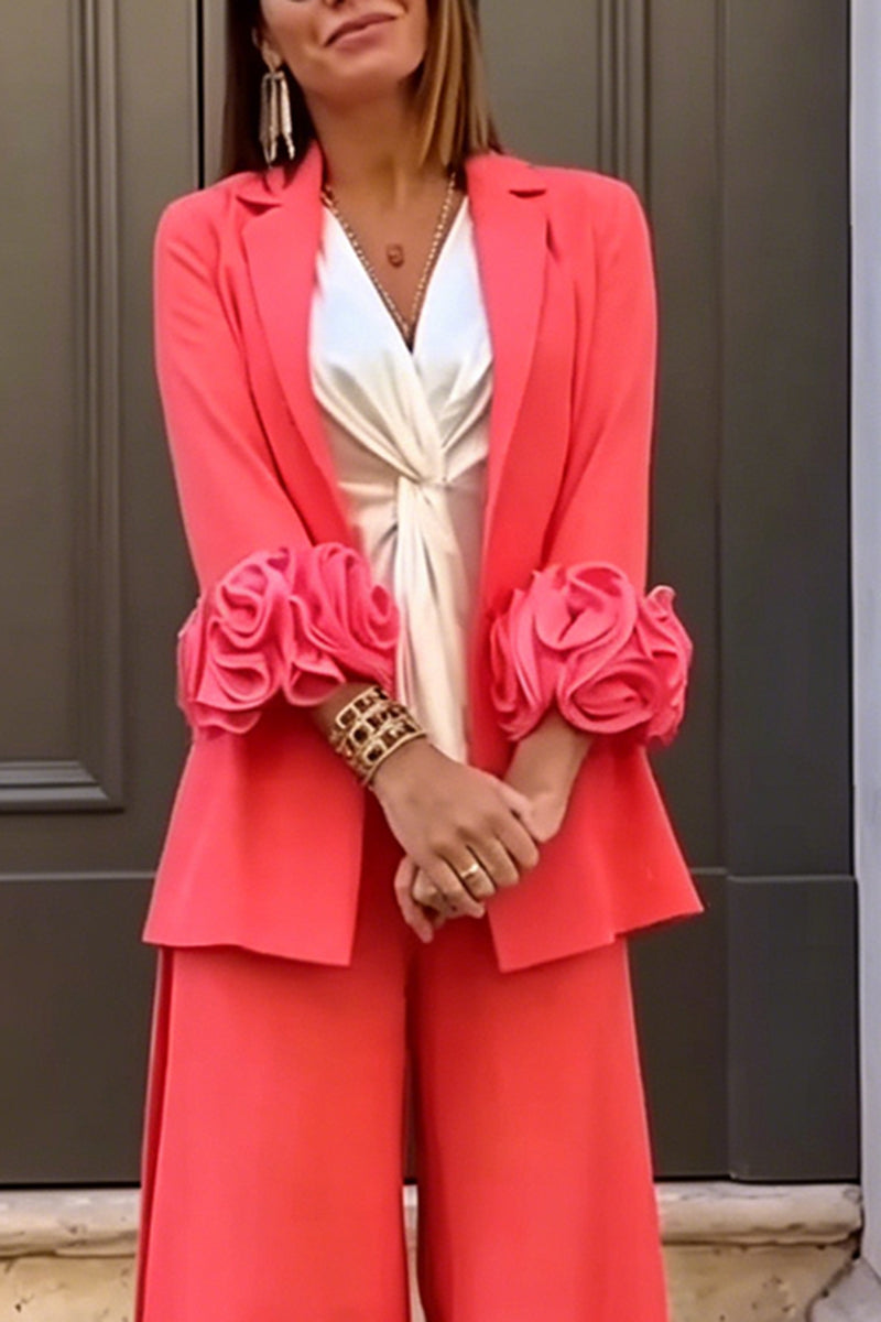 Women's Fashion 3D Floral Cuff Blazer & Slit Pants