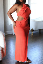 Women's  Casual Handmade Crochet Halter Neck Maxi Dress with Floral Details and Side Cutouts