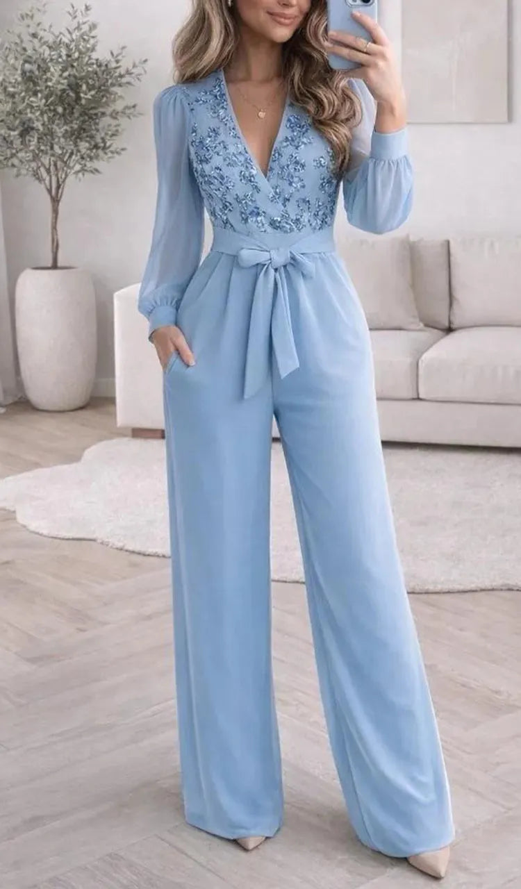 Women V-neck Sequin Patterned Casual Jumpsuit with Temperament