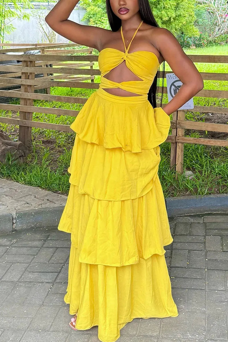 Women's Boho Halter Cutout Waist Layered Maxi Dress