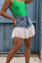 Women's High Waisted Denim Skirt with Layered Lace Trim