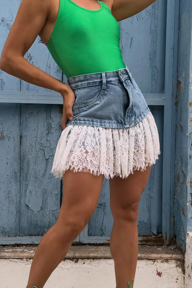 Women's High Waisted Denim Skirt with Layered Lace Trim