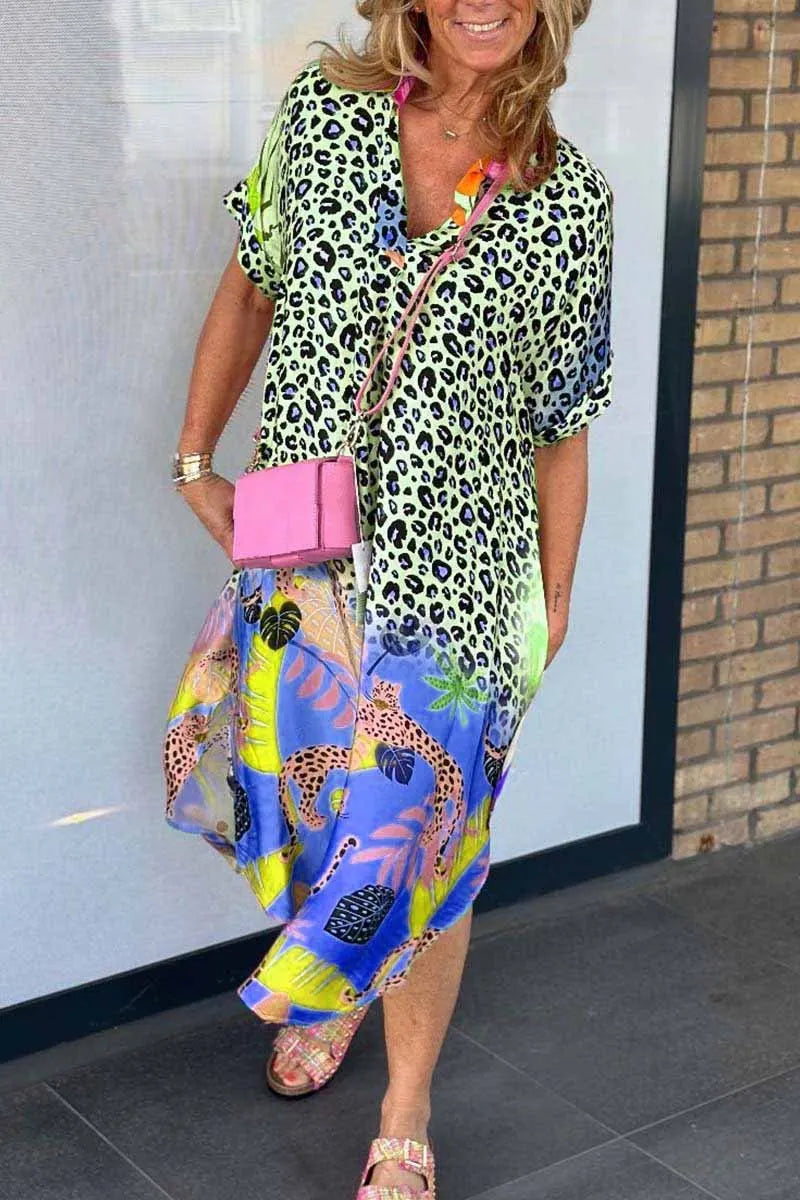 Women's Summer Plus Size Dress Casual Leopard Print Short Sleeve Dress