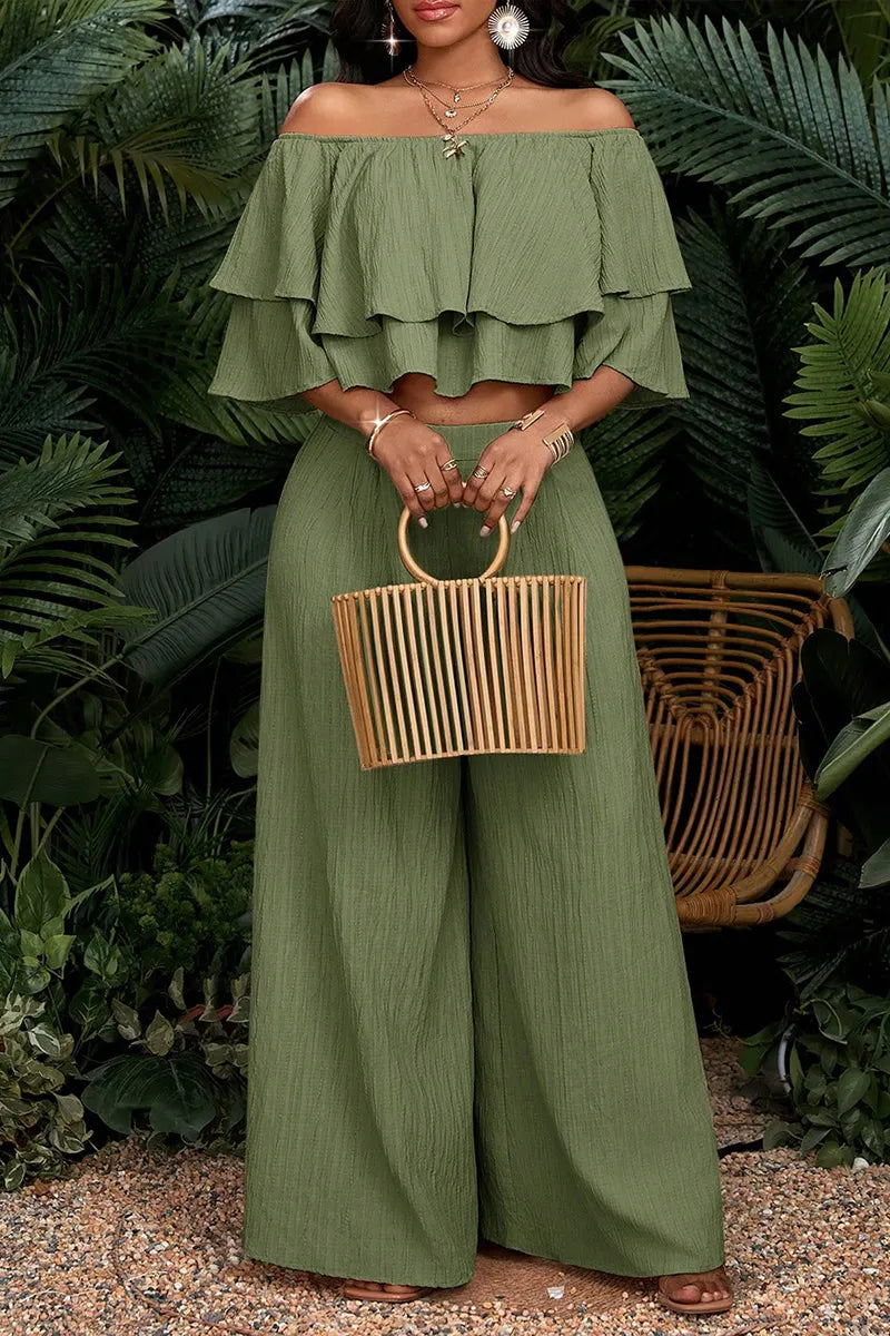 Women's Crinkle Textured Off Shoulder Double Tier Ruffle Crop Blouse Or High Waist Loose Flow Crinkle Wide Leg Palazzo Pants