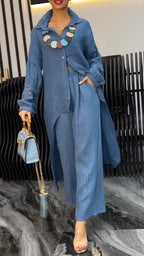 Women's Collar Irregular Splicing Printed Hollow Out Long Top+loose Pants Casual Suit